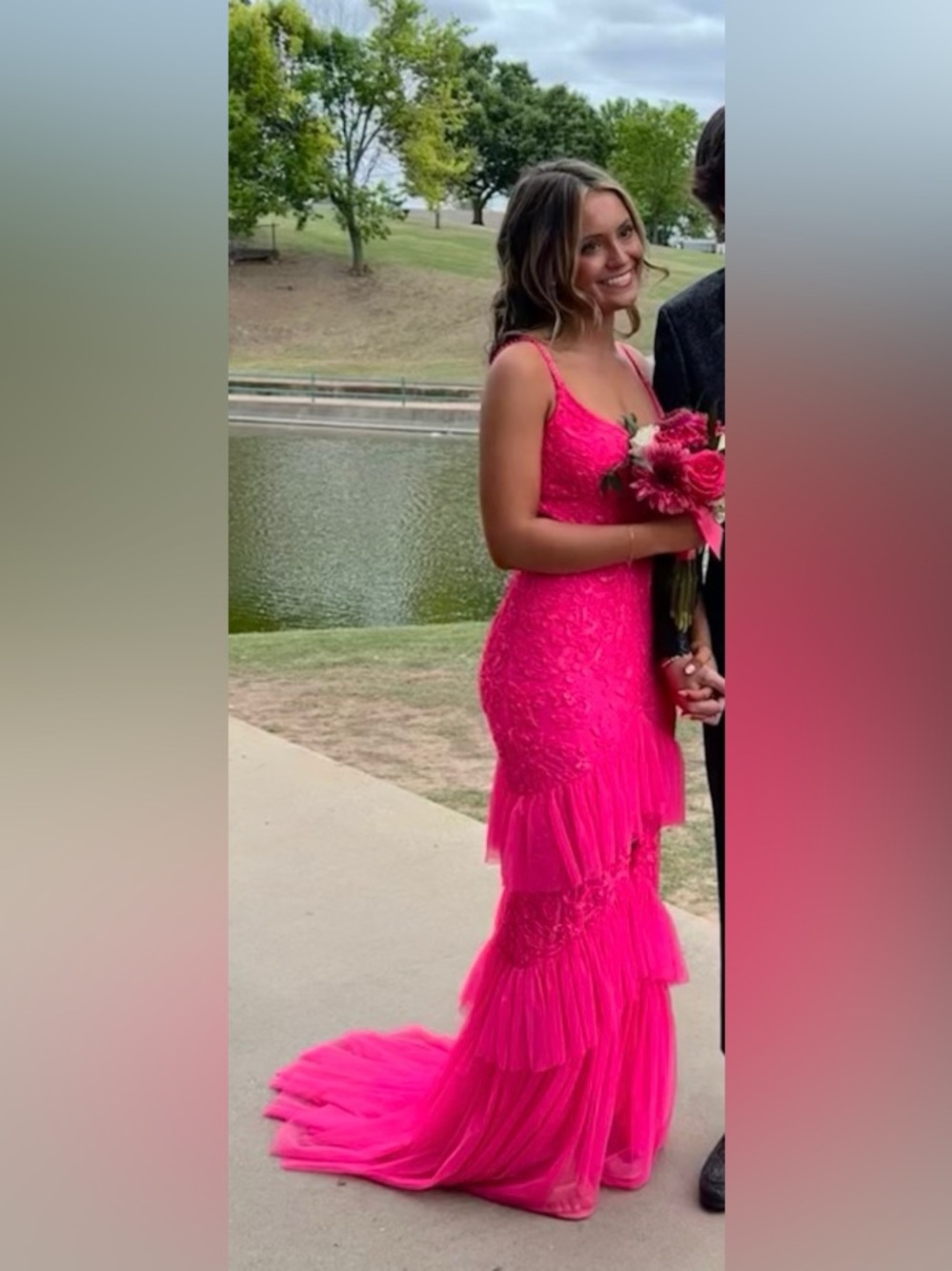 Fuchsia Tiered Lace Prom Dress with Ruffle Train